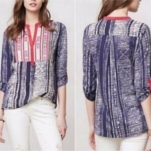 Anthropologie Blue and Red Patterned Blouse